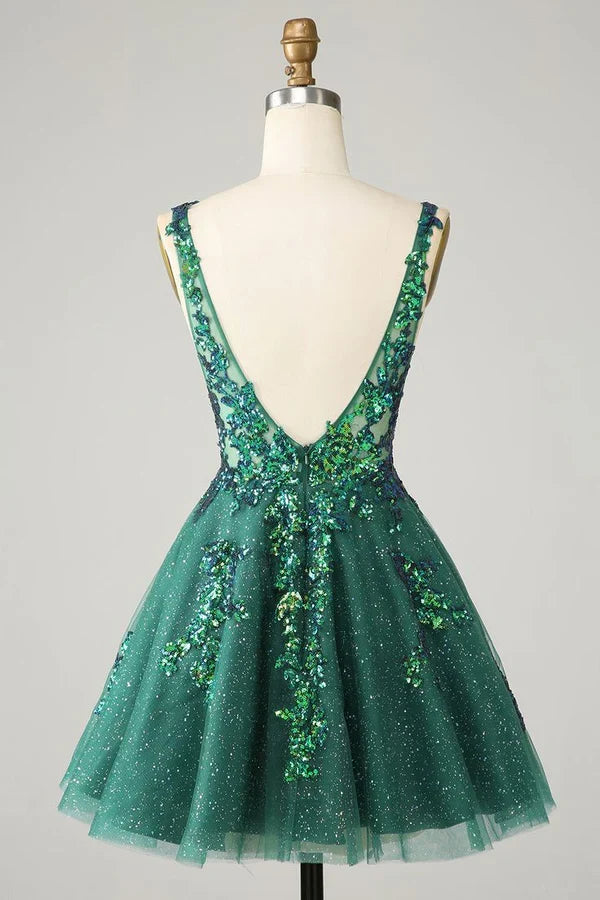 Gorgeous Green Sequined V-neck Backless Design A-line Short Homecoming Dress TP3595