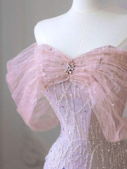 Vintage Pink Off-Shoulder Sequin Trumpet Evening Gown TP5183