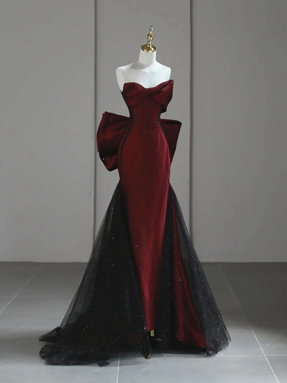 Black and Red Strapless Long Prom Dress Elegant Evening Formal Gown with Bow