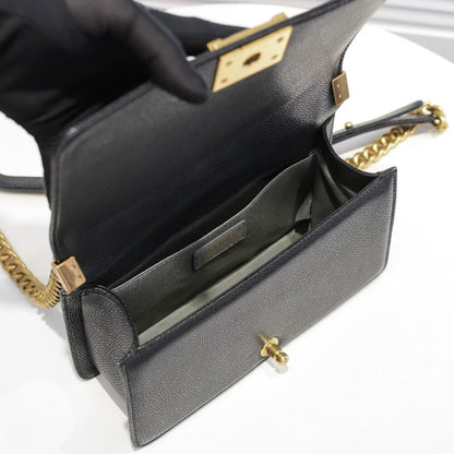Chanel Boy Medium Handbag Grained And Gold Tone Metal Black 25Cm