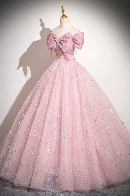 Cute Pink Tulle Sequins Long A-Line Ball Gown, Off Shoulder Sweet 16 Dress cc1732