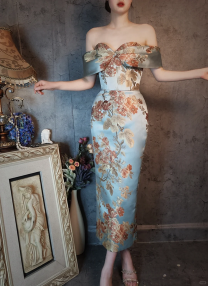 Vintage Floral Off-the-shoulder Sweetheart Design Elegant Satin Evening Dress Prom Dress TP4031