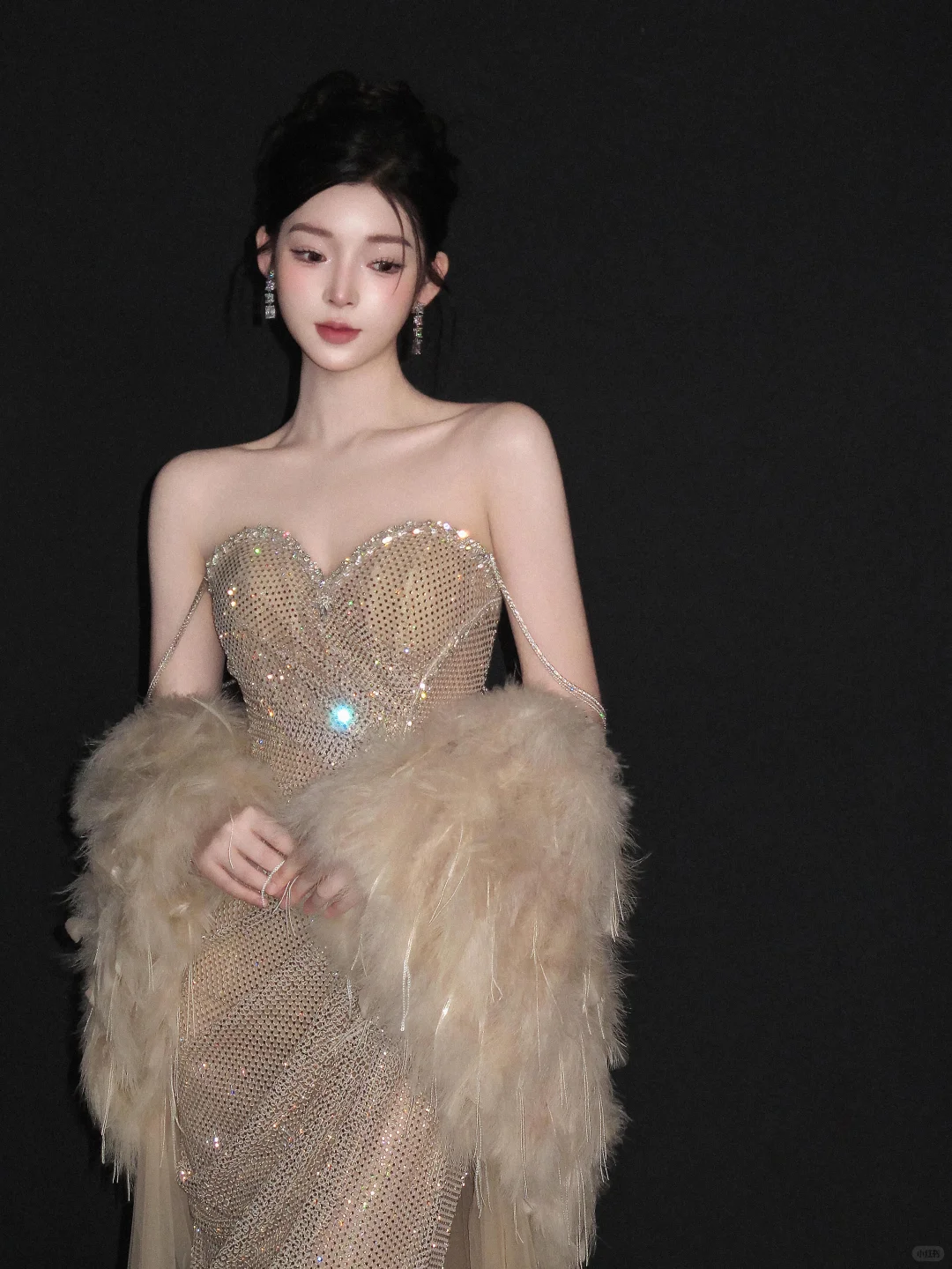 Light Gold Strapless Sequin Waist-Cinched Fitted Long Elegant Evening Dress, Fairy Gown, Romantic Gown gh7373