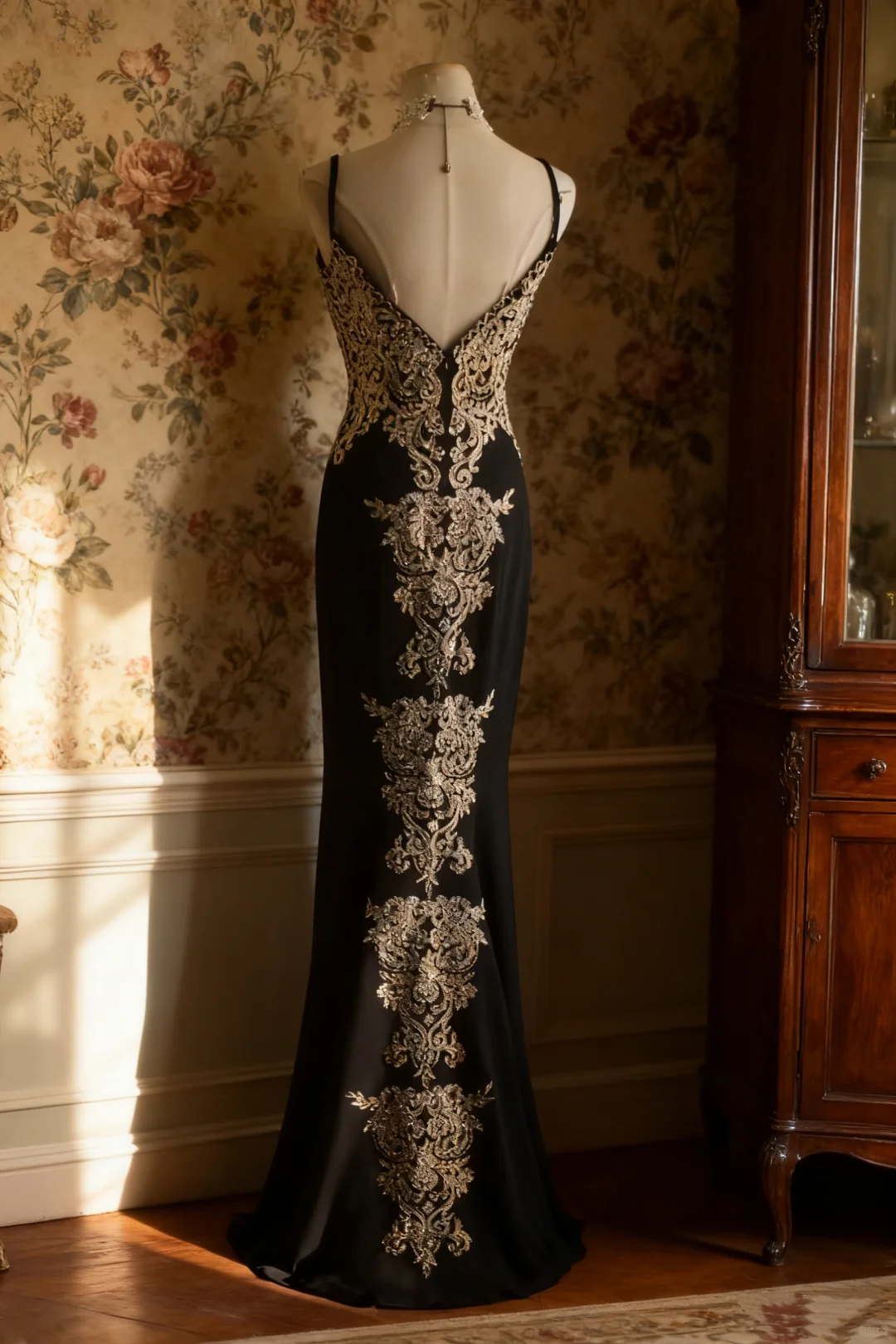 Elegant Black Mermaid Evening Gown with Champagne Lace Applique & High Slit TP5634