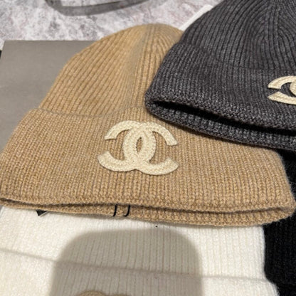 Chanel White CC Wool Beanie Beige