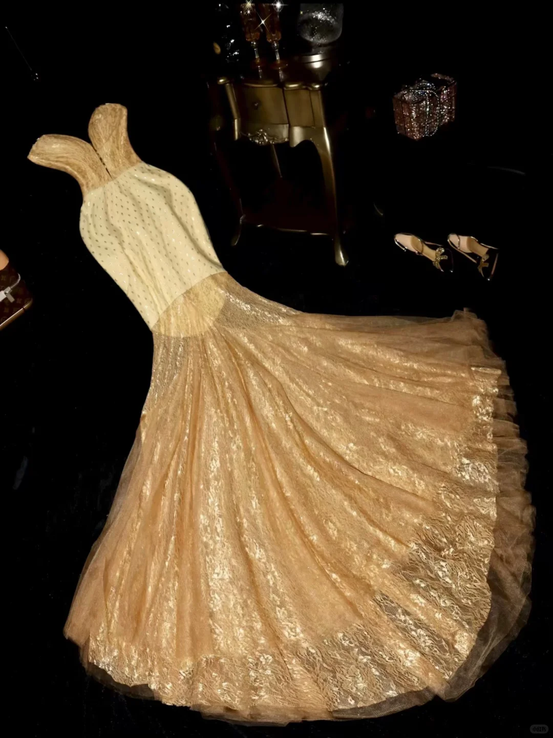 Vintage Champagne Gold Mermaid Sweetheart Polka Dot Bodice Glitter Lace Tulle Evening Gown TP5353