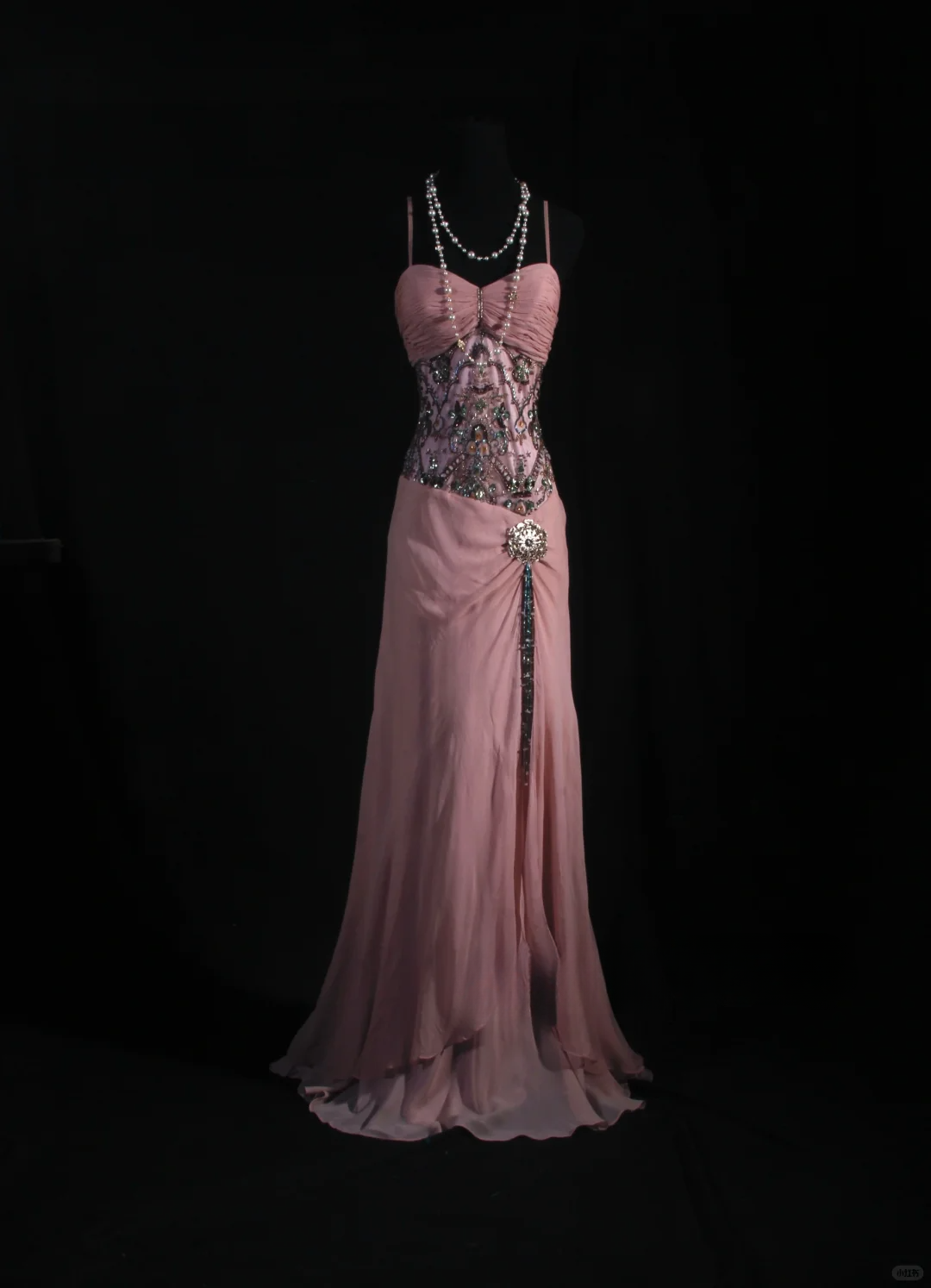 Elegant Pink Chiffon Beaded Sheath Spaghetti Strap Evening Gown TP5415