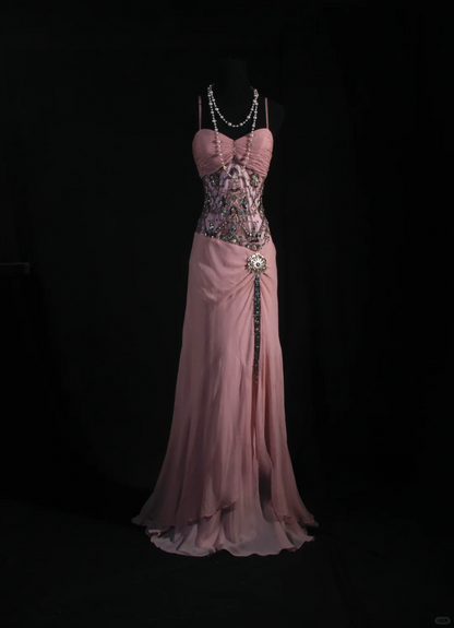 Elegant Pink Chiffon Beaded Sheath Spaghetti Strap Evening Gown TP5415