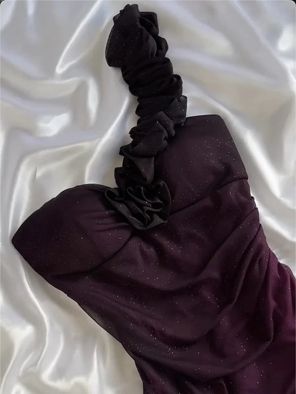 girlhomeshops-Gradient Purple Glitter One-Shoulder Ruched Ruffle Evening Gown gh6006