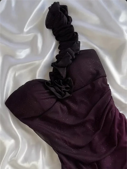 girlhomeshops-Gradient Purple Glitter One-Shoulder Ruched Ruffle Evening Gown gh6006