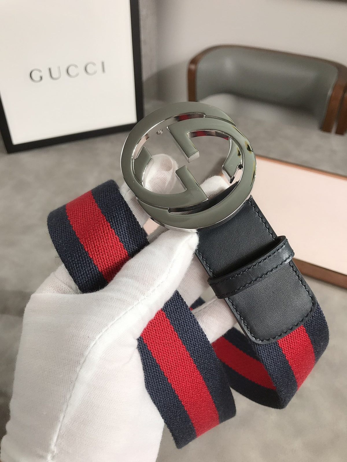 GUCCI’S WEB BELT WITH G BUCKLE NAVY 4CM 411924 H917N 8497