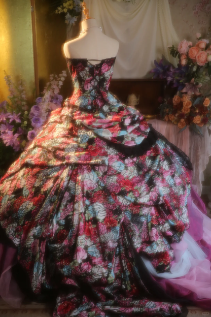 Vintage Floral Print Strapless Layered Lace Tulle Sweet 15 Quinceanera Ball Gown TP5510