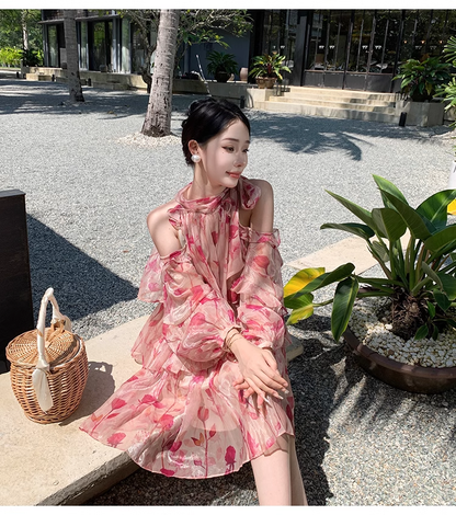 New Fashion Pink Floral Design Long Sleeves Off-the-shoulder A-Line Halter Dress TP3025