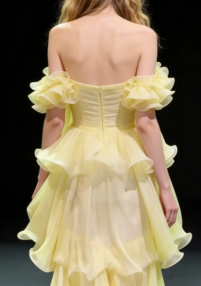 Glamorous Yellow Off-the-Shoulder Ruffled Tiered Evening Gown TP5728