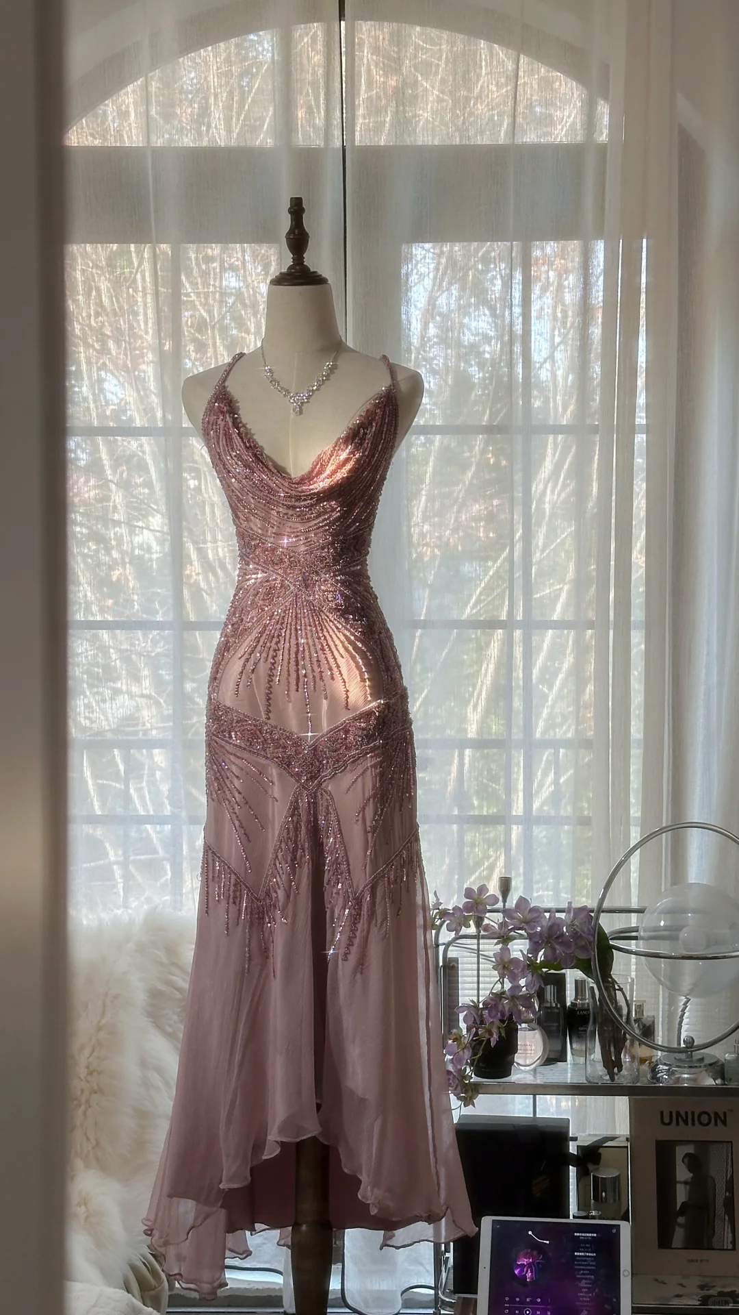 Vintage Pink Sparkling Elegant Beaded Sweetheart Romantic Chiffon Evening Dress TP3978
