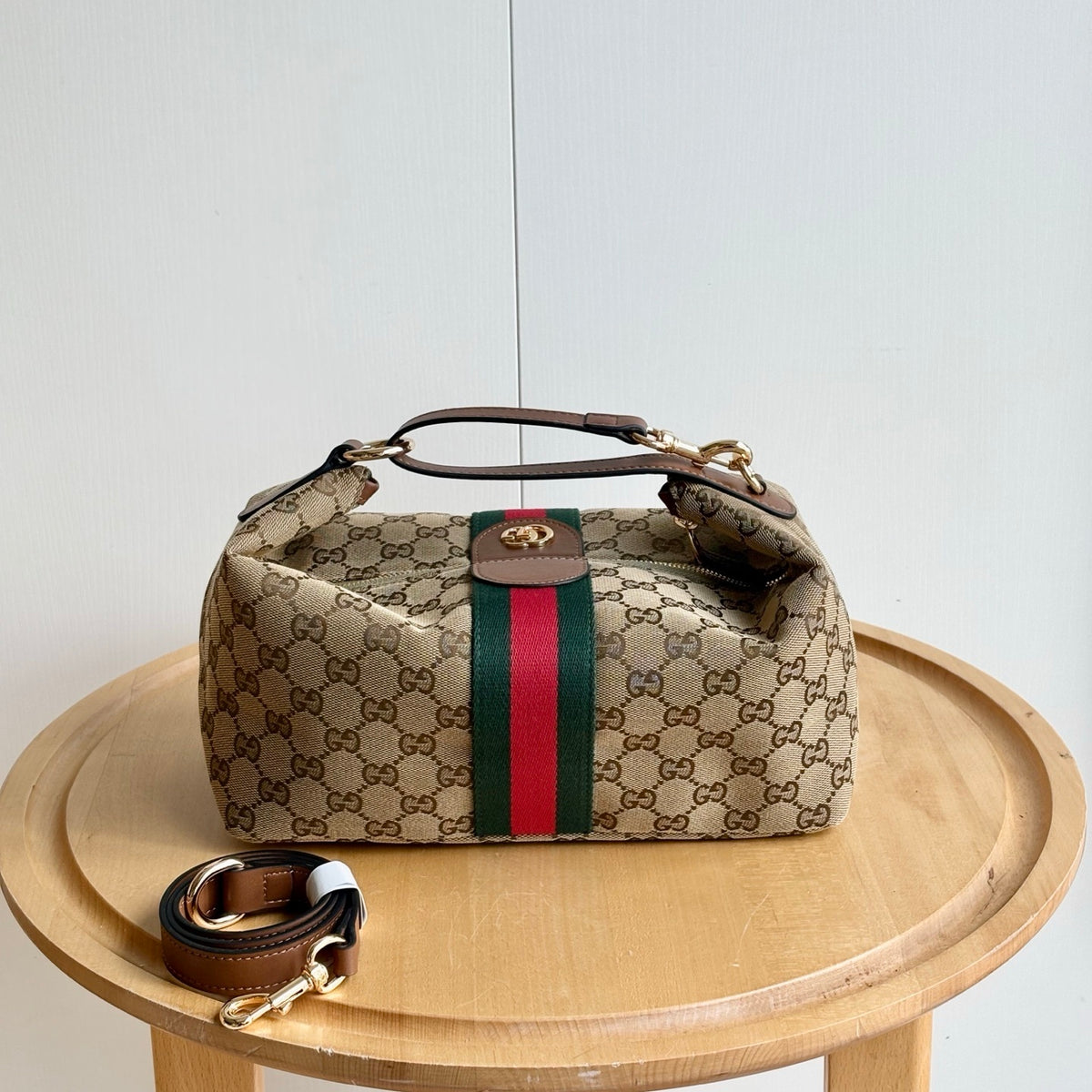 Gucci Vanity Medium Top Handle Bag Beige And Brown GG Canvas 27Cm