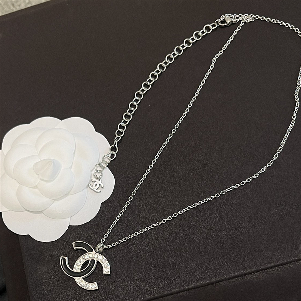 Chanel Cc Logo Pendant Necklace White Stones And Black Enamel Silver
