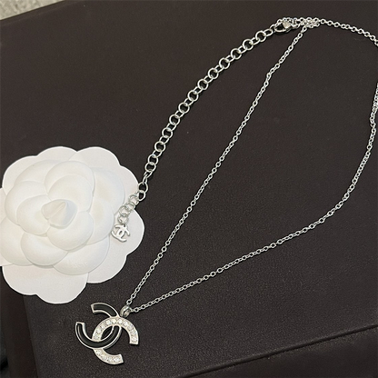 Chanel Cc Logo Pendant Necklace White Stones And Black Enamel Silver