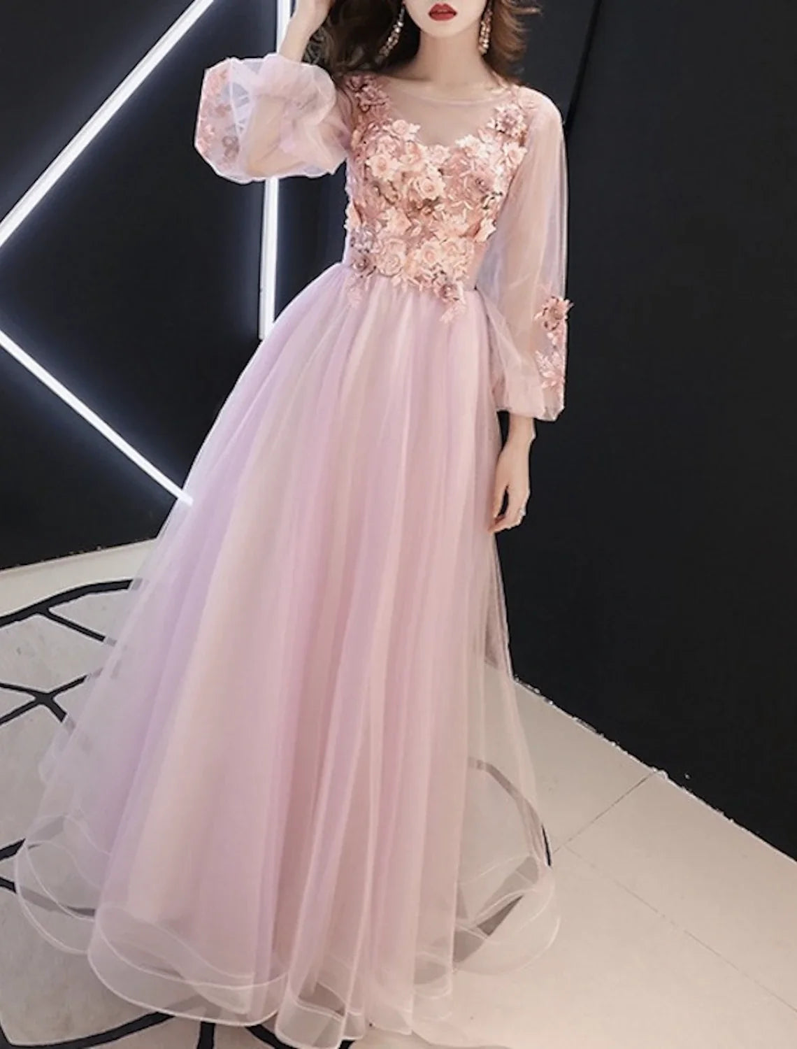 A-Line Prom Dresses Luxurious Dress Valentine's Day Wedding Guest Floor Length Long Sleeve Illusion Neck Tulle with Appliques