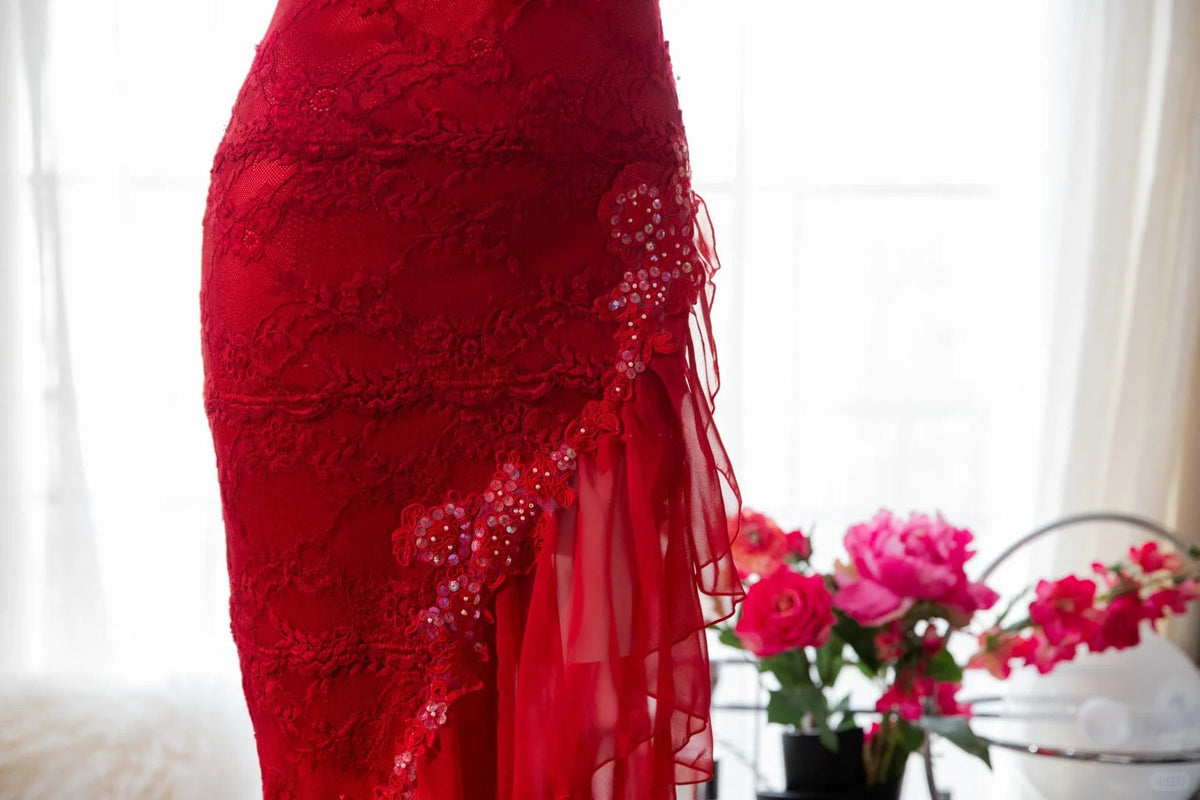 Red Fashion Elegant Delicate Floral Beaded Spaghetti Strap Midi Ruffle Mermaid Slim Fit Lace Chiffon Ball Gown Birthday Party Dress Evening Gown Prom Dress gh3977