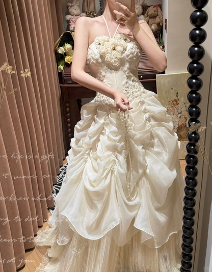 Gorgeous Ivory Strapless 3D Rose Appliques Ruffled Tulle Wedding Dress TP5449