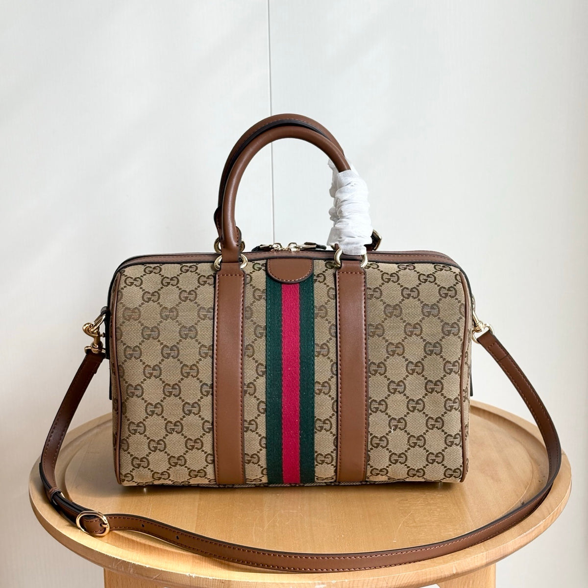Gucci Ophidia Medium Boston Bag Beige And Brown GG Canvas 30Cm