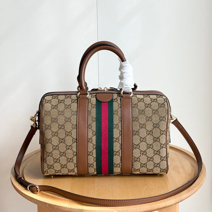Gucci Ophidia Medium Boston Bag Beige And Brown GG Canvas 30Cm