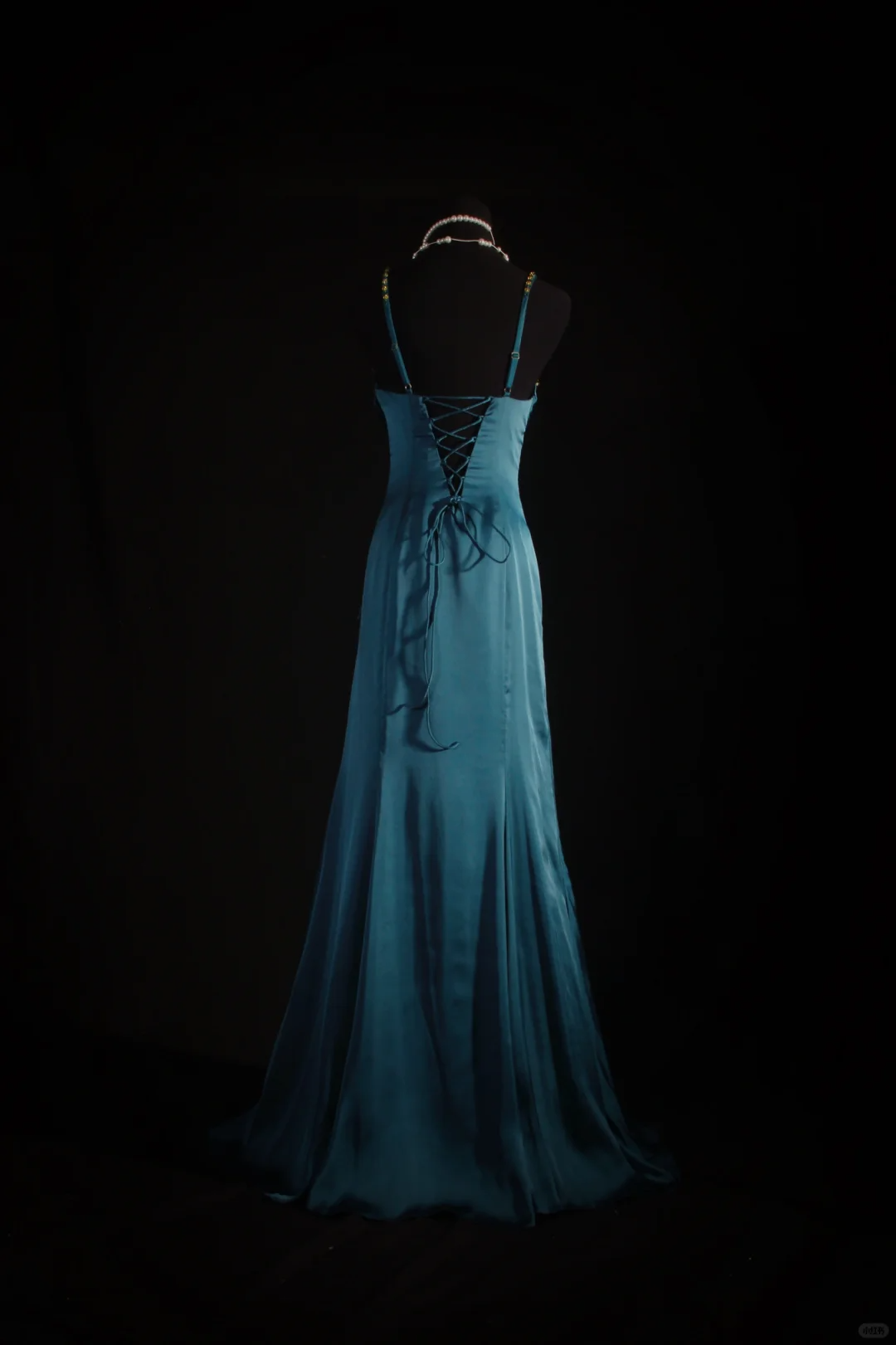 Elegant Teal Satin Spaghetti Strap Beaded Sheath Evening Gown TP5413