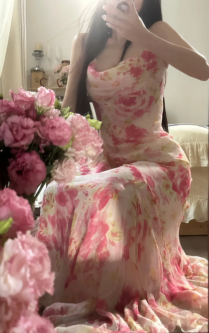 Retro Pink Floral Spaghetti Strap Design Elegant Chiffon Evening Dress Prom Dresses TP3990