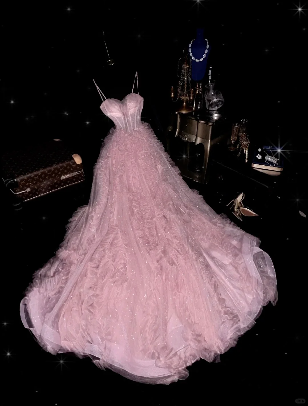 Vintage Pink Tiered Tulle Sequined Sweetheart Spaghetti Strap Evening Gown TP5371