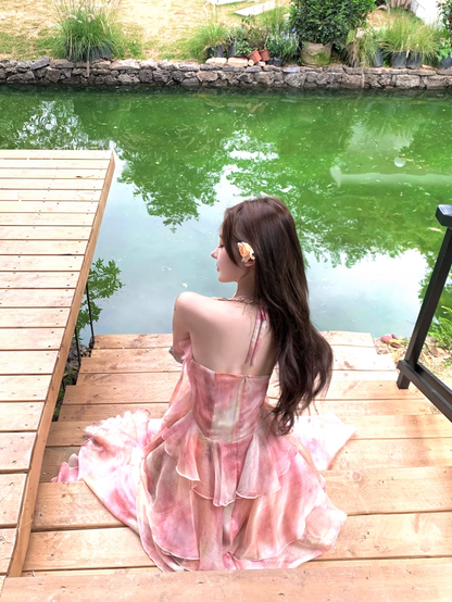 New Fashion Pink Floral Design A-line Beach Holiday Halter Dress TP3614
