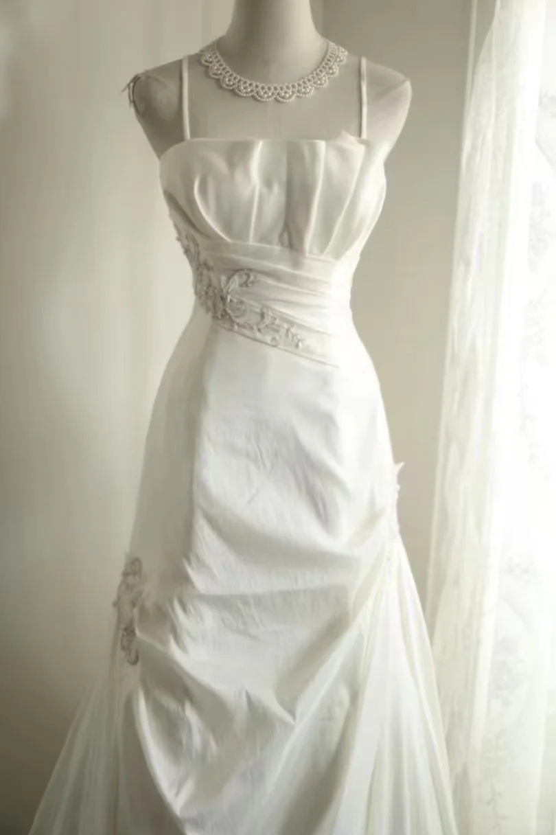 Elegant Satin Spaghetti Strap Beaded Draped A-Line Prom Dress TP5629
