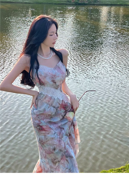 New Fashion Elegant Floral Design Mermaid Spaghetti Strap Dress TP3021