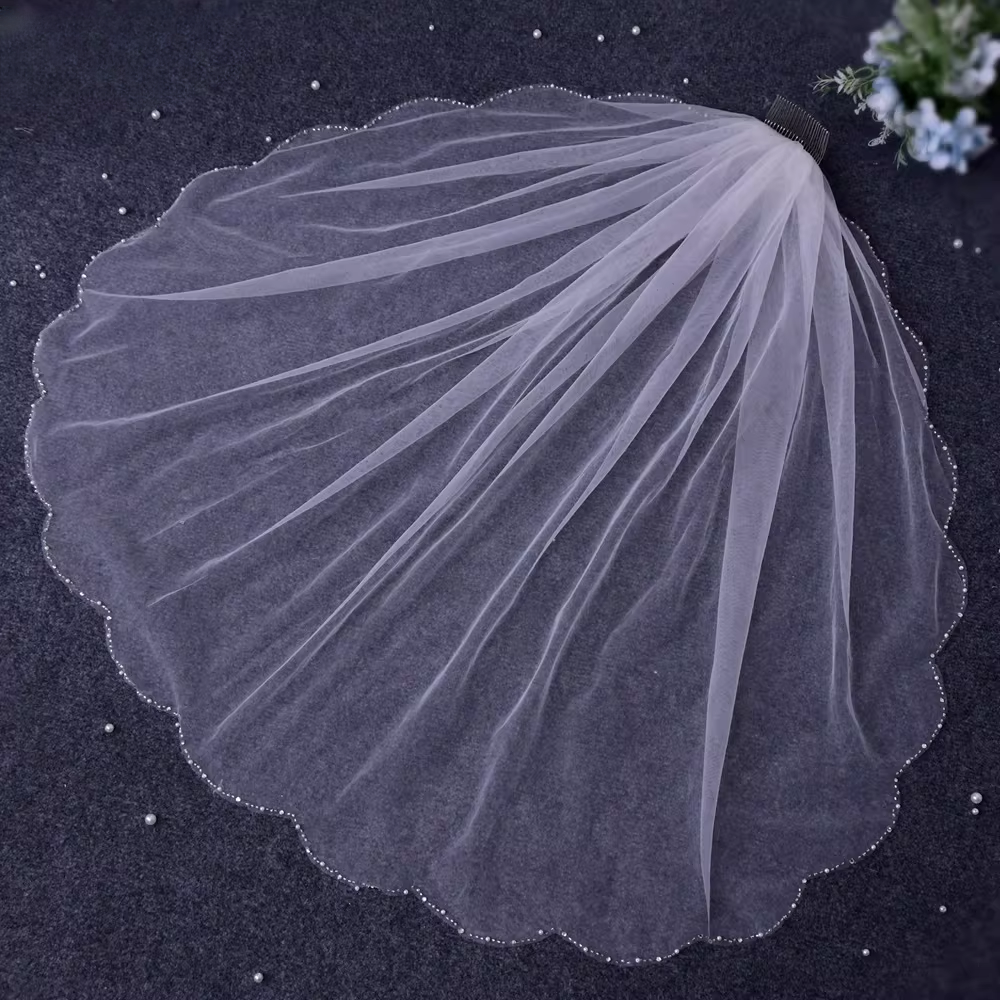 Elegant Ivory Tulle Bridal Veil Pearl-Beaded Edge Medium-Length Wedding Veil TP5620