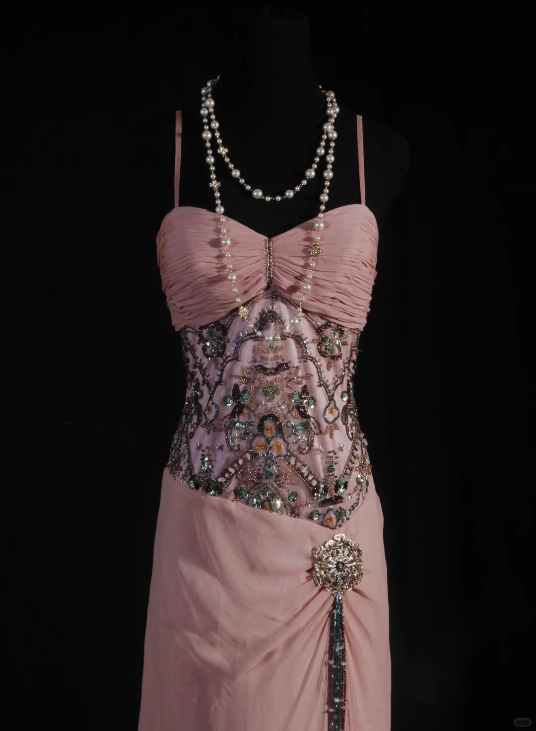 Elegant Pink Chiffon Beaded Sheath Spaghetti Strap Evening Gown TP5415