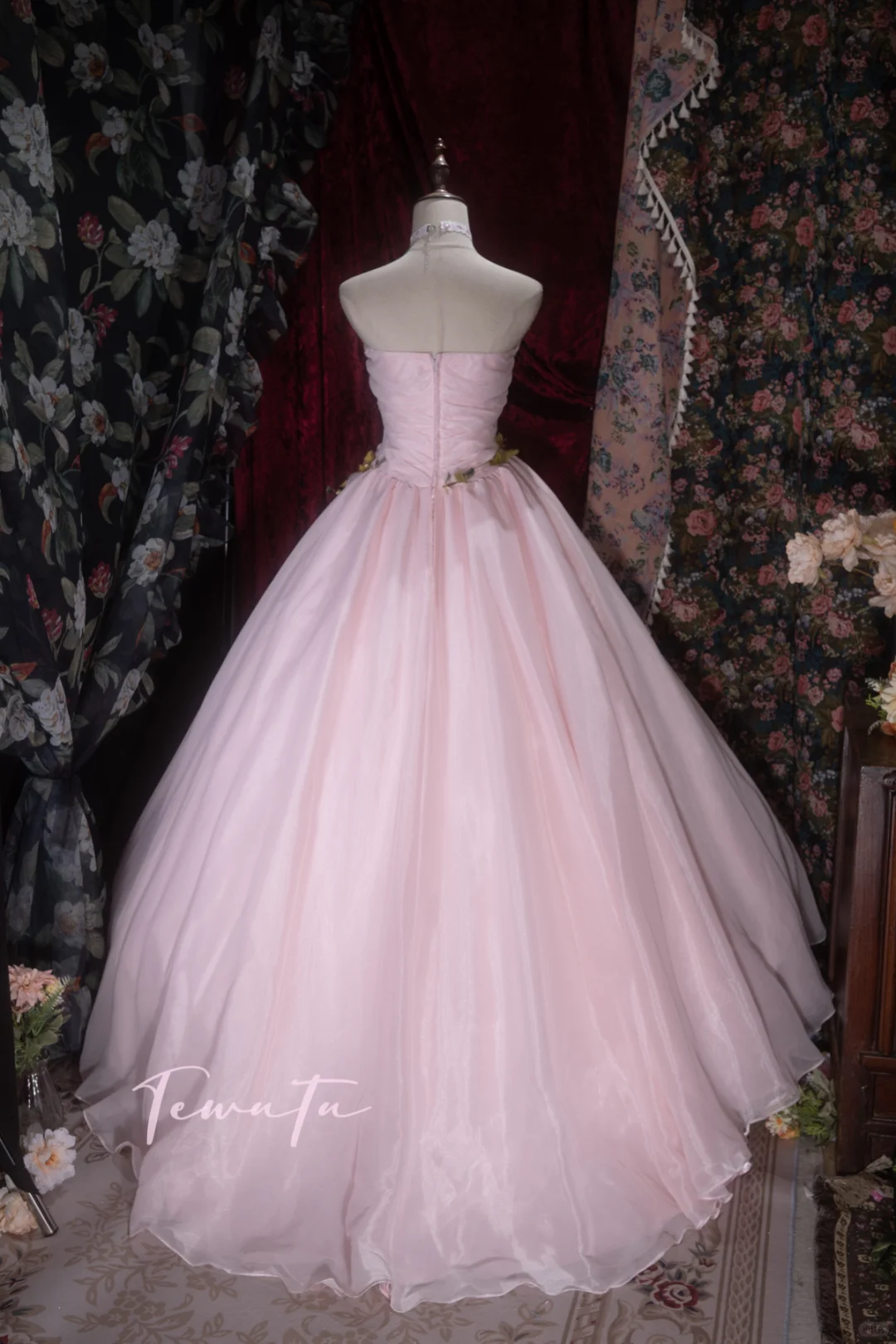Gorgeous Pink Strapless Tulle Floral Ball Gown Evening Dress TP5793