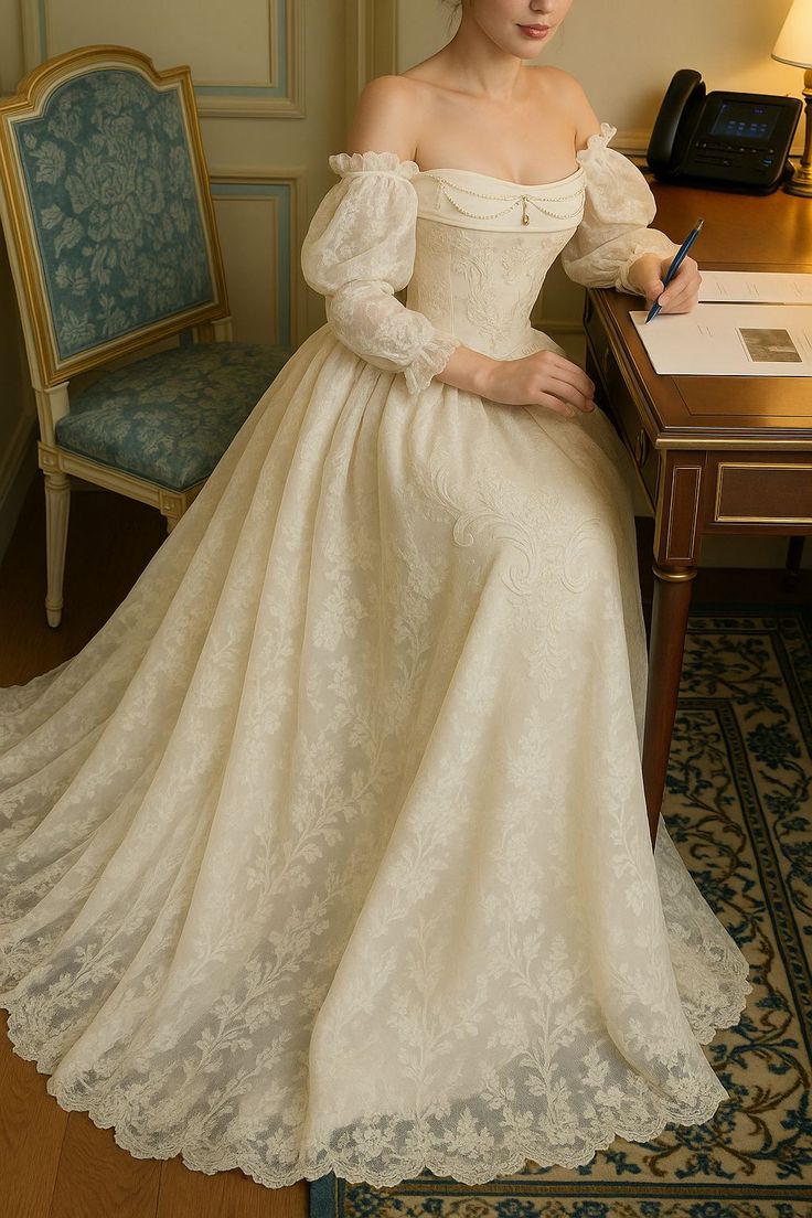Off-White Lace Puff-Sleeve Off-the-Shoulder Fitted Victorian Vintage Gown gh6406