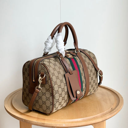 Gucci Ophidia Medium Boston Bag Beige And Brown GG Canvas 30Cm