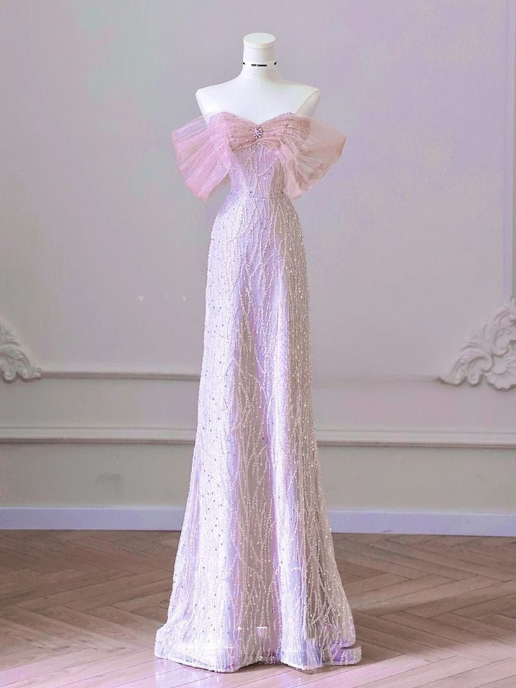 Vintage Pink Off-Shoulder Sequin Trumpet Evening Gown TP5183
