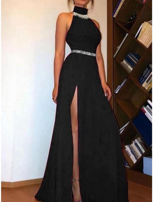 A-Line Evening Gown Elegant Dress Formal Sweep / Brush Train Black Dress Sleeveless High Neck Fabric with Pleats Crystals Slit