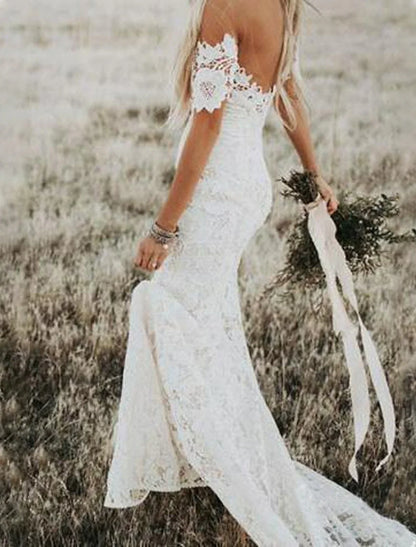 Beach Boho Wedding Dresses Mermaid / Trumpet Off Shoulder Cap Sleeve Chapel Train Lace Bridal Gowns With Appliques Solid Color Summer Wedding Party