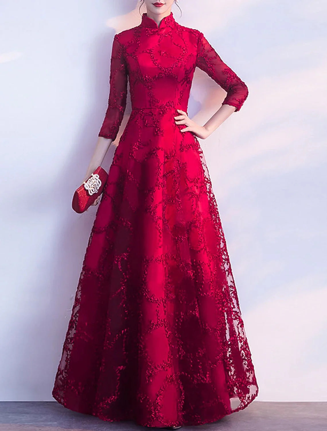 A-Line Chinese Style Vintage Prom Formal Evening Dress Stand Collar 3/4 Length Sleeve Floor Length Tulle with Pleats Appliques