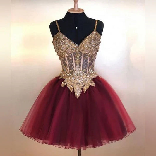Vintage Shiny Beaded Homecoming Dress V-neck Party Dress Short A-Line Cocktail Dress TP4658