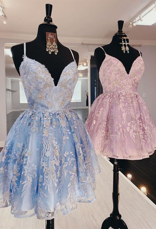Vintage Lace Applique Floral Homecoming Dress Spaghetti Strap Party Dress Short A-Line Cocktail Dress TP4662