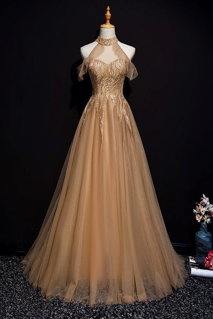 Champagne Tulle Halter Long Prom Dresses, A-Line Prom Gowns
