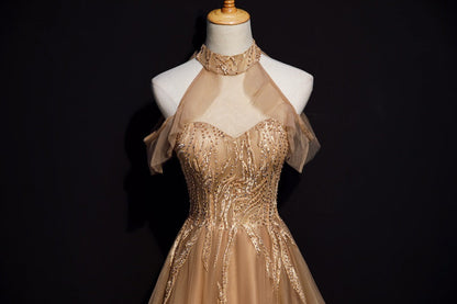 Champagne Tulle Halter Long Prom Dresses, A-Line Prom Gowns