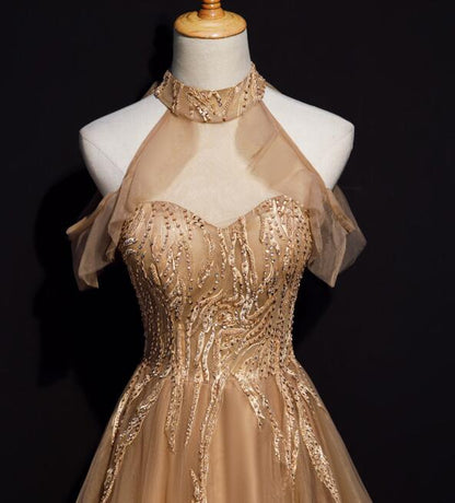 Champagne Tulle Halter Long Prom Dresses, A-Line Prom Gowns