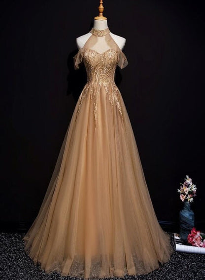 Champagne Tulle Halter Long Prom Dresses, A-Line Prom Gowns