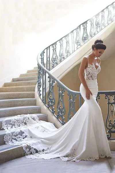 Charming Appliques Lace Mermaid Wedding Dresses With Straps, Sexy Sleeveless Prom Gowns