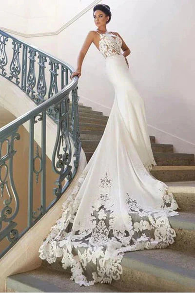 Charming Appliques Lace Mermaid Wedding Dresses With Straps, Sexy Sleeveless Prom Gowns